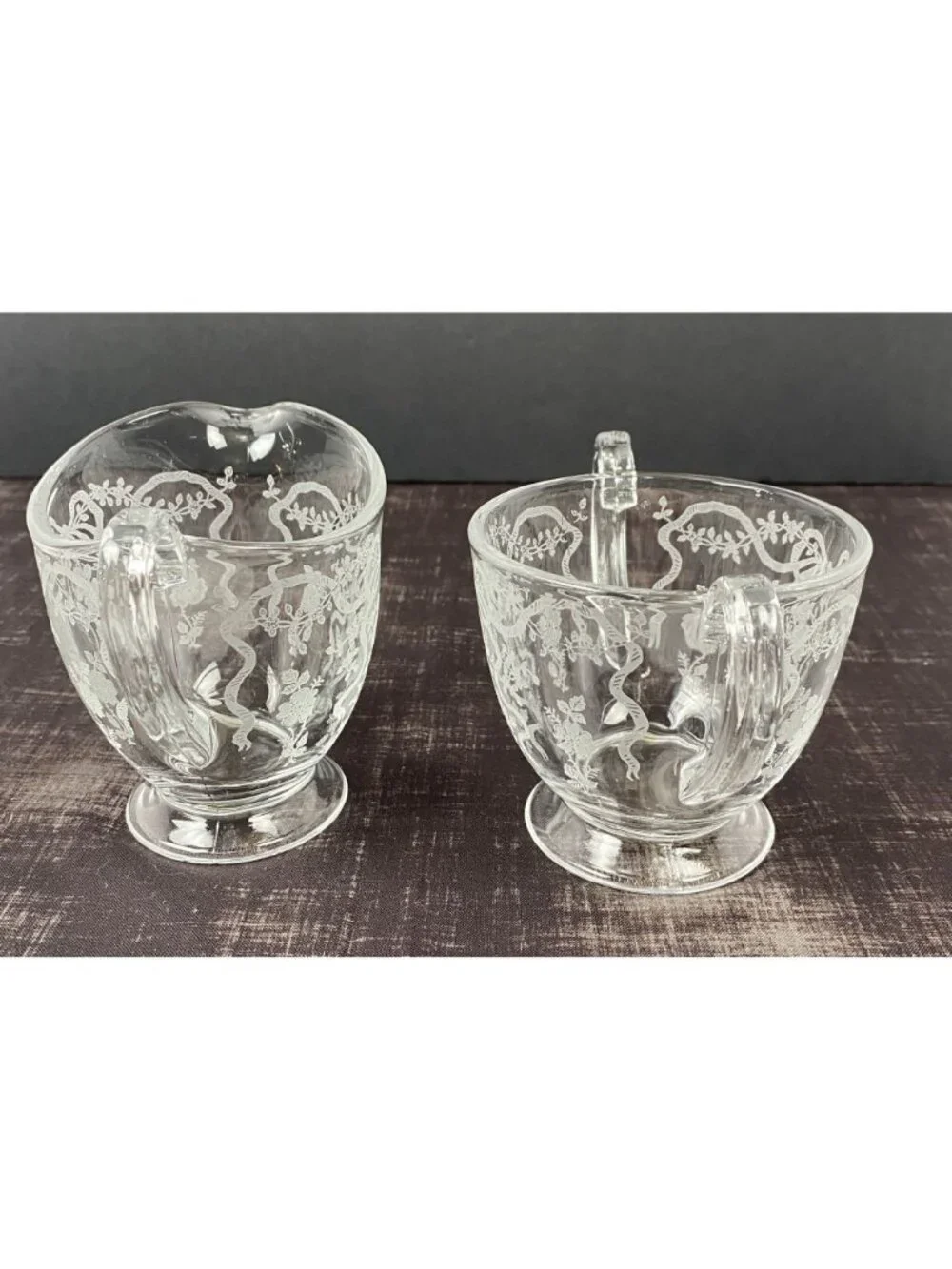 VTG 1940s Fostoria Romance Crystal Creamer Sugar Bowl Set Floral & Ribbon Etched - Picture 3 of 10